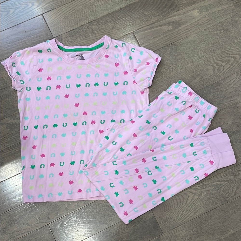 Pink Girls Printed Pajamas Set Short Sleeve Top Pants Cotton Knit Size 10-12